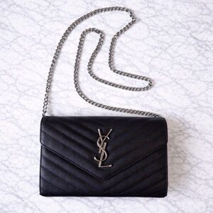 Saint Laurent Black Grain De Poudre Matelasse Chevron Monogram Chain Wallet
